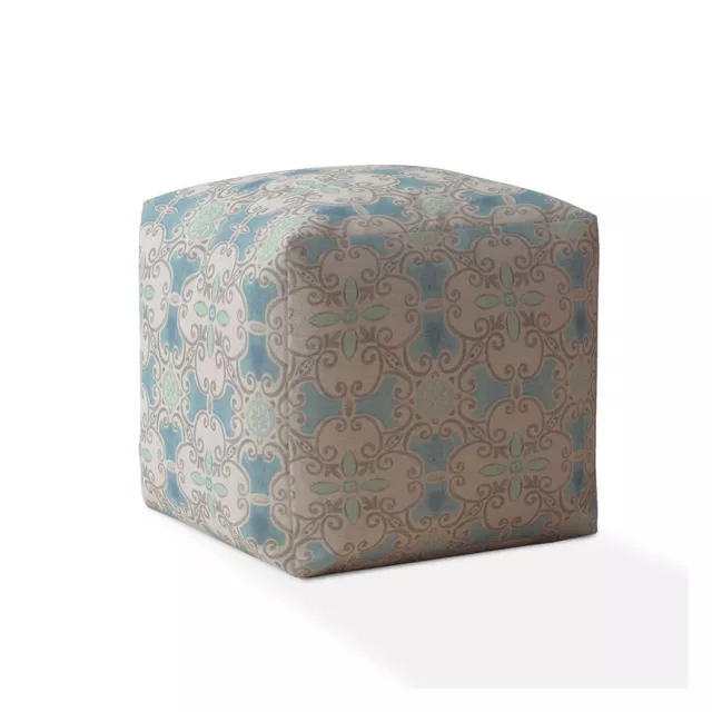 Blue flax ikat pouf cover with beige magenta pattern fashion accessory