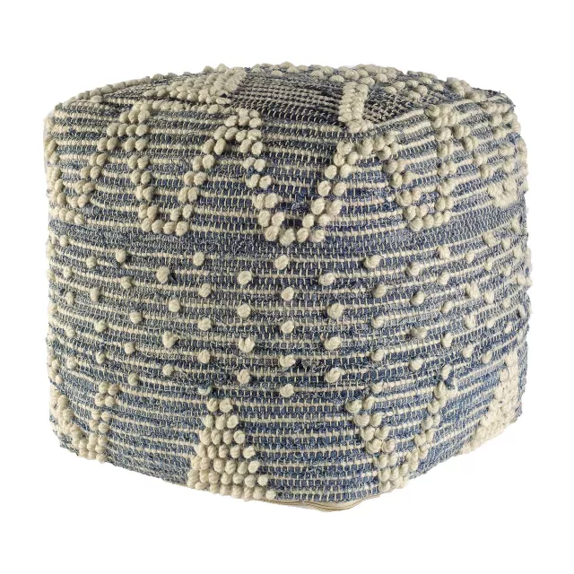 Denim ivory square pouf cotton stitched with beige woolen pattern fashion accessory
