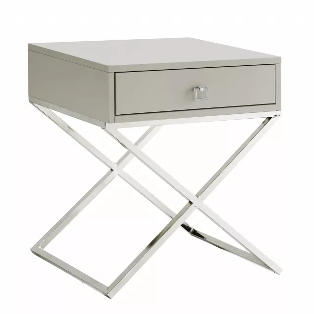 Metallic light gray end table with drawer and sleek aluminum accents