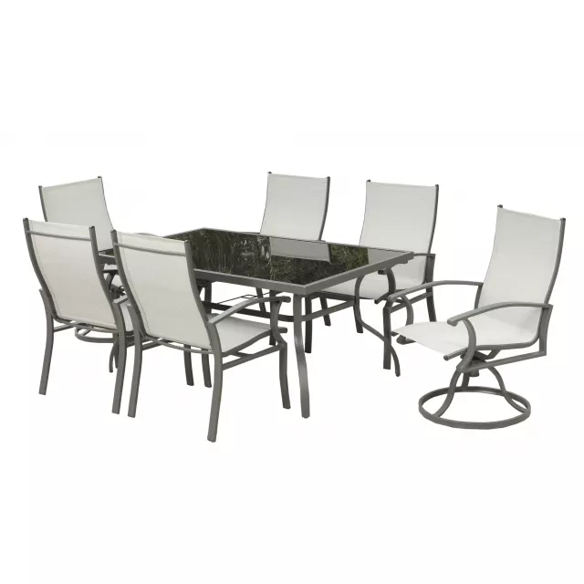 Gray rectangular glass dining table with six chairs