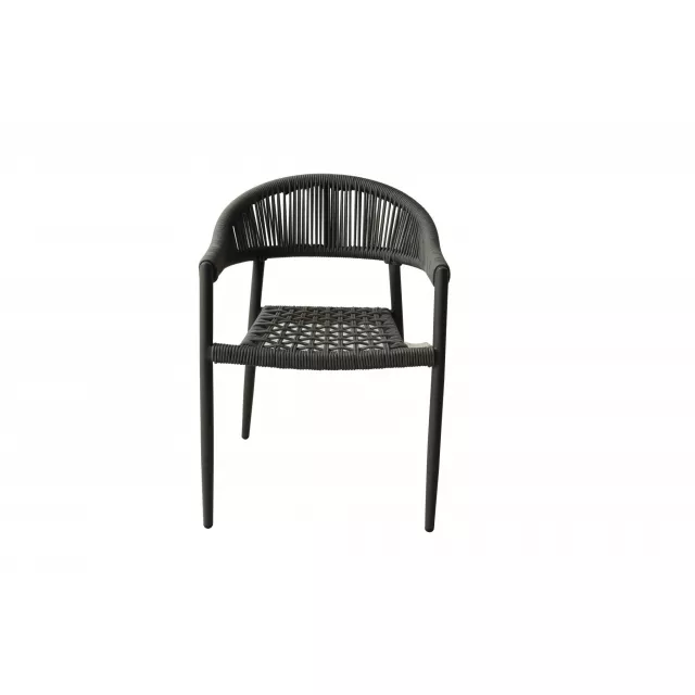 Gray open weave patio arm chairs with metal frame and pattern details