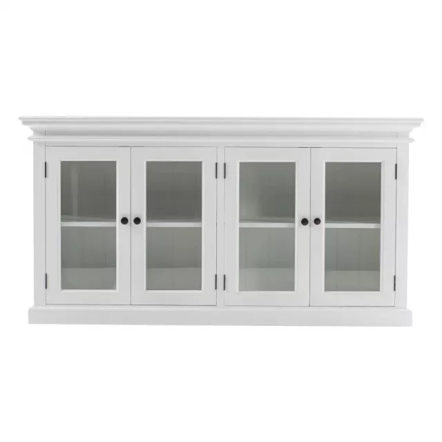 Farm white glass door buffet server in a room with hardwood and square wood fixtures