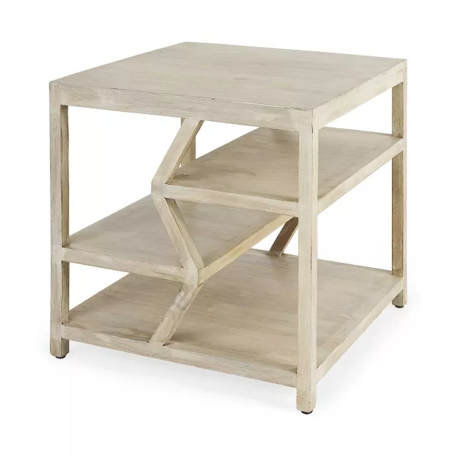 Square side table with multi-level shelf and natural wood finish