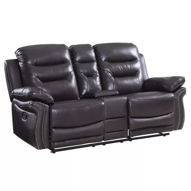 Brown leather manual reclining loveseat with storage and wood flooring