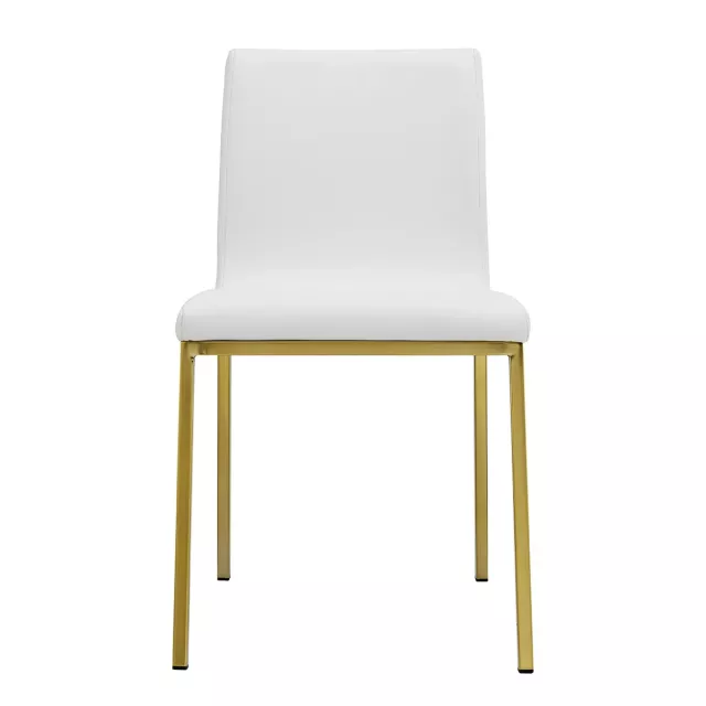 White faux leather gold chairs with armrests and natural wood elements