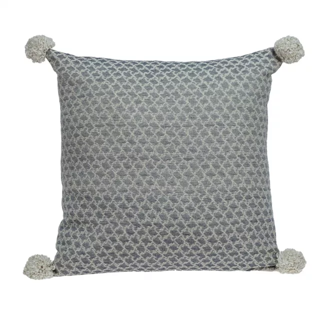 Gray pearl pom throw pillow with woven fabric pattern and fashion accessory detail