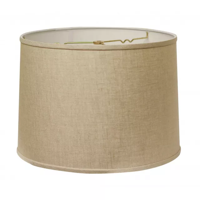 Dark wheat throwback drum linen lampshade with beige wood and metal accents