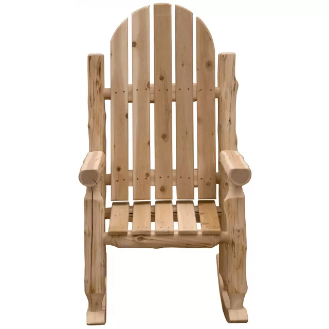 Rustic natural cedar Adirondack rocking chair for outdoor relaxation