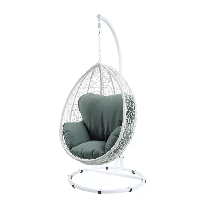White metal swing chair with green cushion for garden patio decor