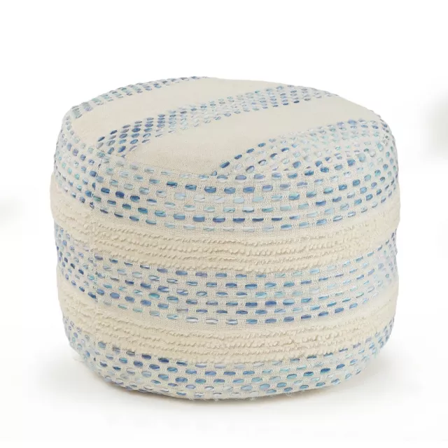 Blue cotton blend ottoman with decorative hair and hat design elements