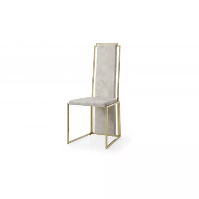 Modern beige suede gold dining chairs with wood table and outdoor furniture setting