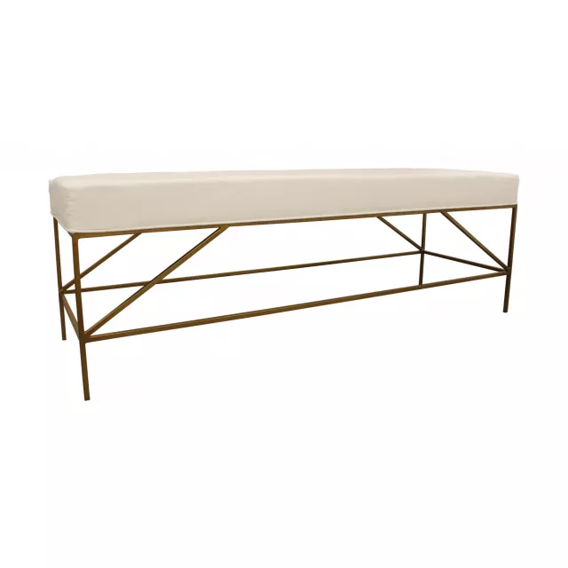 Ivory gold linen upholstered entryway bench with beige wood accents