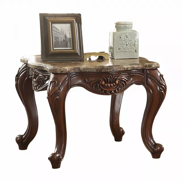 Oak faux marble mirrored end table with wood and metal elements