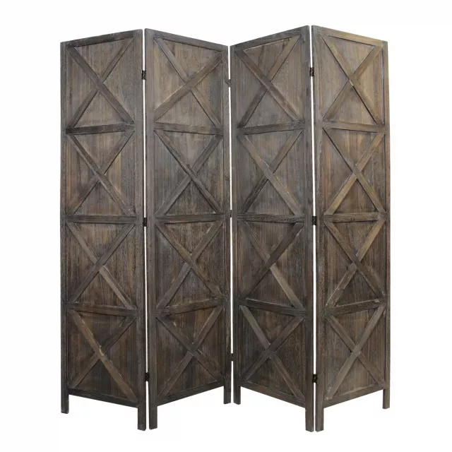 Rustic four panel room divider screen in wood with shelving detail