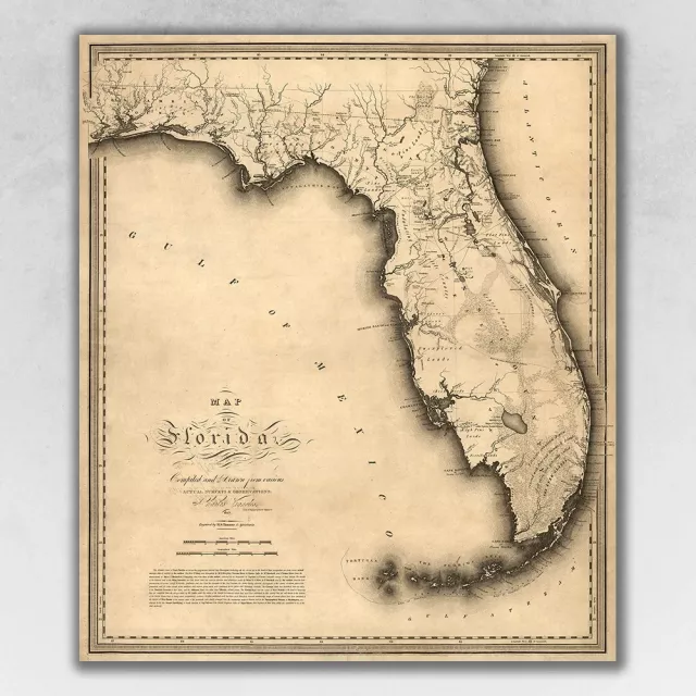 Vintage Florida map poster wall art depicting historical atlas and art elements