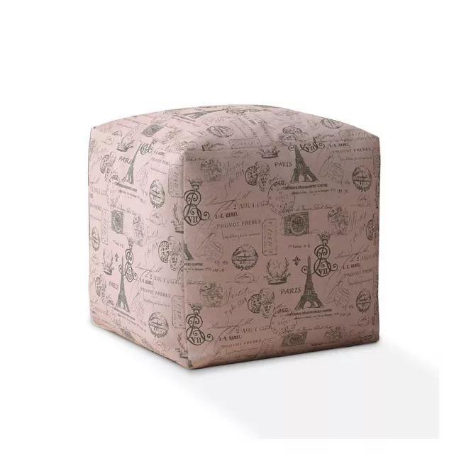 Pink twill Paris pouf cover with beige pattern and wood texture fashion accessory