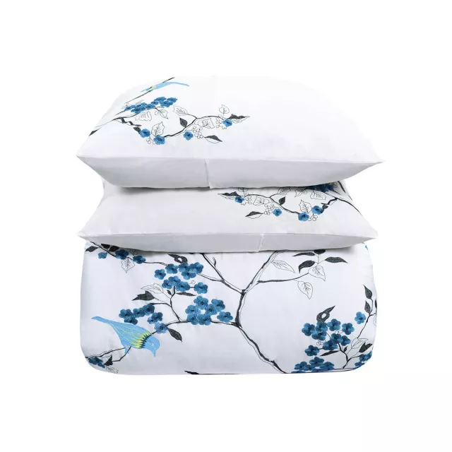 Cotton thread count washable duvet cover with plant and flower design in electric blue