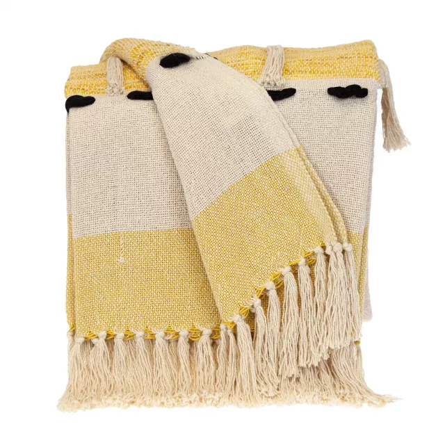 Variegated yellow-beige wool rectangle throw with transitional patterned design