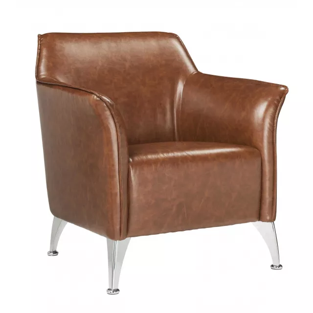 Brown silver faux leather arm chair with wood armrests and hardwood details