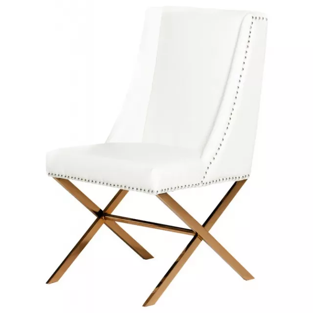 White leatherette rosegold steel dining chair with wood plant accents