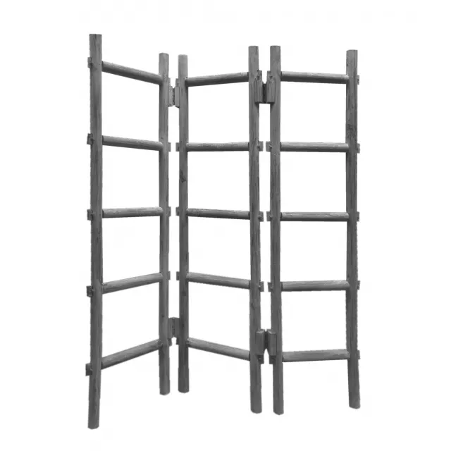 Gray wood blanket rack screen in a minimalist style with shelving and artful design elements