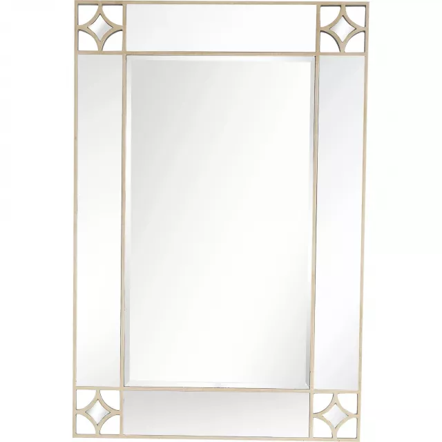 Champagne finish wall mirror with symmetrical metal elements and light fixture for home decor