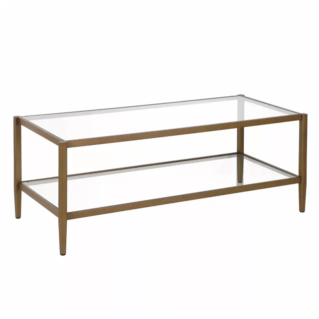 Gold glass steel coffee table with lower shelf and hardwood design