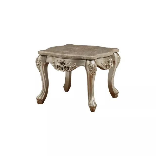 Marble solid wood square end table with beige wood stain in furniture setting