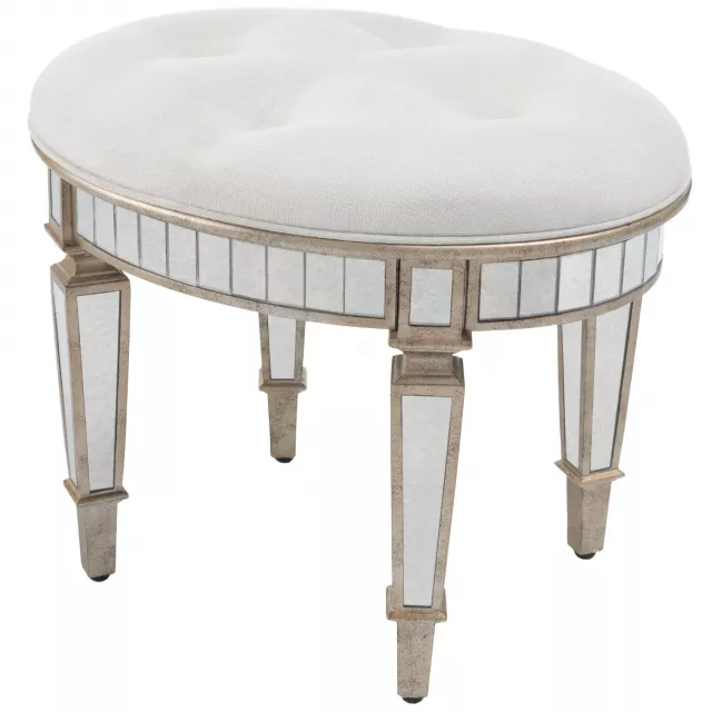 Cream linen silver metallic round ottoman furniture piece