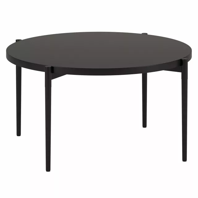 Black steel round coffee table with wood stain finish for outdoor or event use