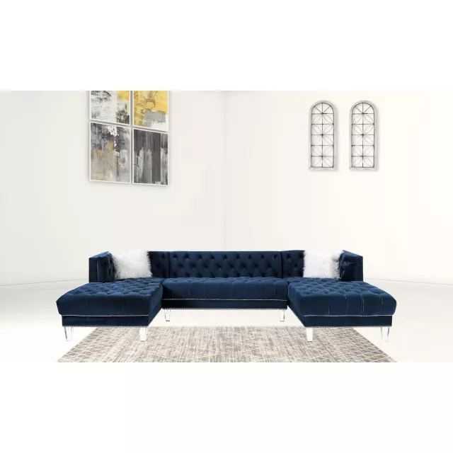Blue velvet U-shaped seating component with wood accents and interior design elements