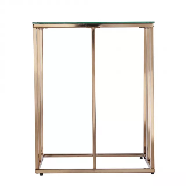 Champagne glass iron square end table with wood shelving and transparent rectangle design for balance