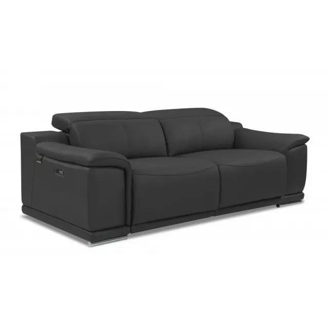 Gray silver Italian leather USB sofa with comfortable studio couch design and hardwood flooring