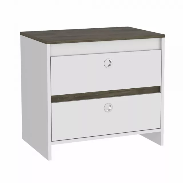 Minimalist white dark brown board nightstand with drawers in natural plywood material for bedroom furniture