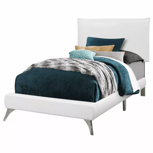 Wood twin white upholstered linen bed in a bedroom setting