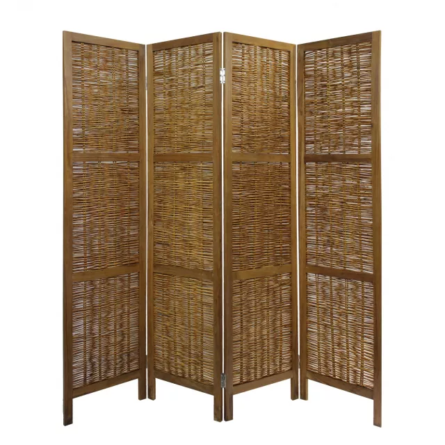 Willow four panel room divider screen in brown wood with metal accents and artistic design