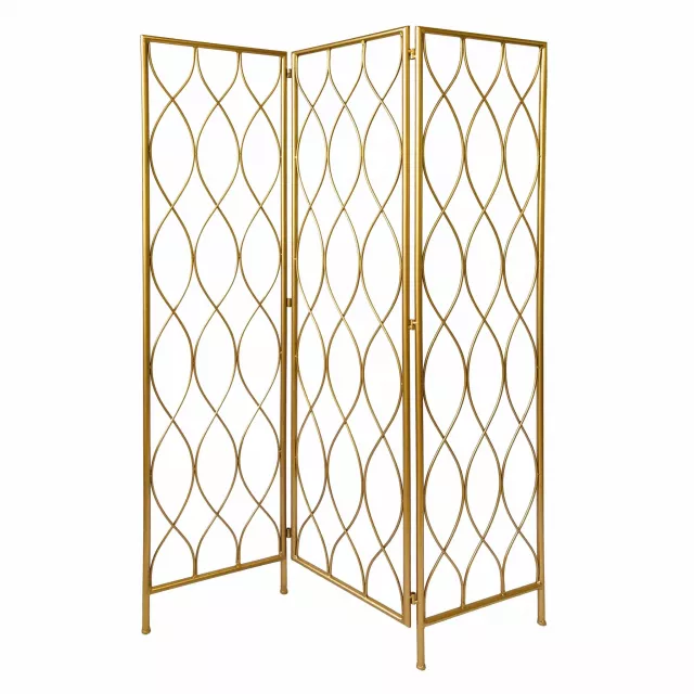 Golden scroll panel room divider screen with intricate wood patterns and art symmetry