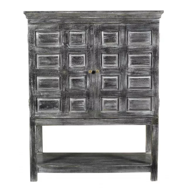 Gray solid wood door accent cabinet with drawers and wood stain finish