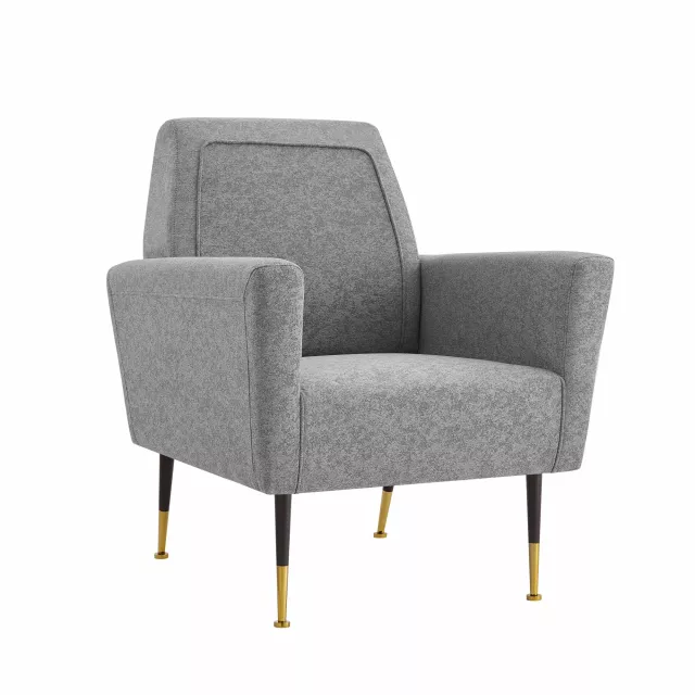 Light gray gold linen arm chair with wood armrests and comfortable club chair design