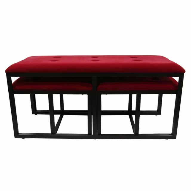 Red and black upholstered microfiber bench with rectangle shape and coffee table appearance