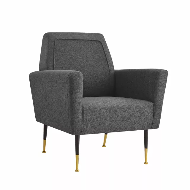 Dark gray gold linen arm chair with wood flooring and comfortable club chair design