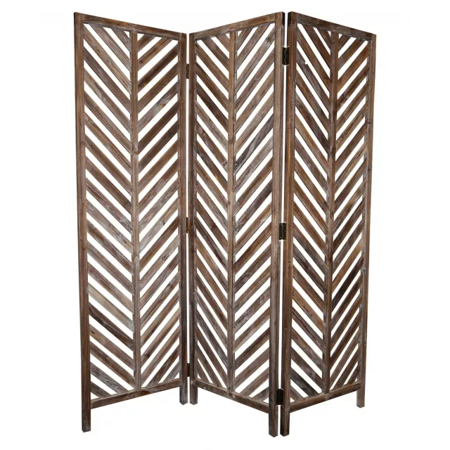 Brown wood screen with patterned rectangle and circle details in shades of brown