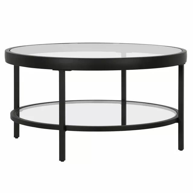 Round glass and steel coffee table with shelf for modern home decor