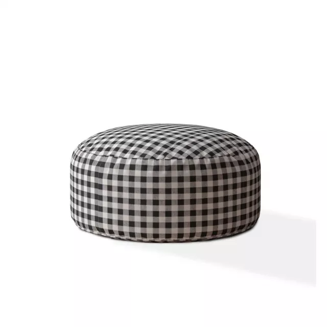 Gray cotton round gingham pouf cover with comfortable synthetic rubber texture