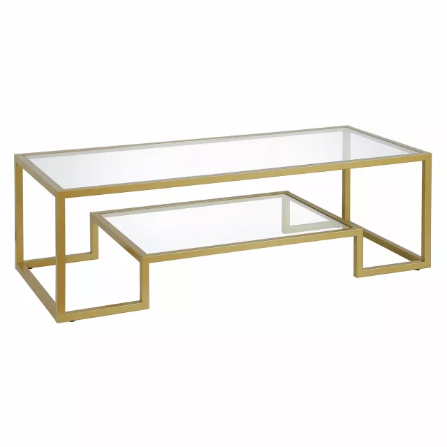 Gold glass steel coffee table shelf with wood plank design and hardwood finish