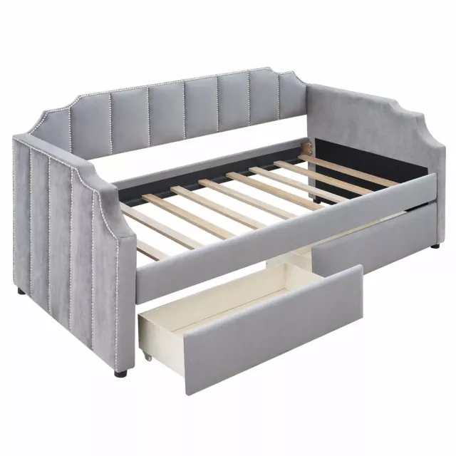 twin gray upholstered polyester blend bed in a modern bedroom setting
