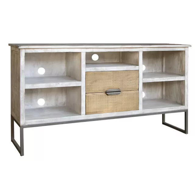 Distressed wood open shelving TV stand with drawers and rectangle shelving