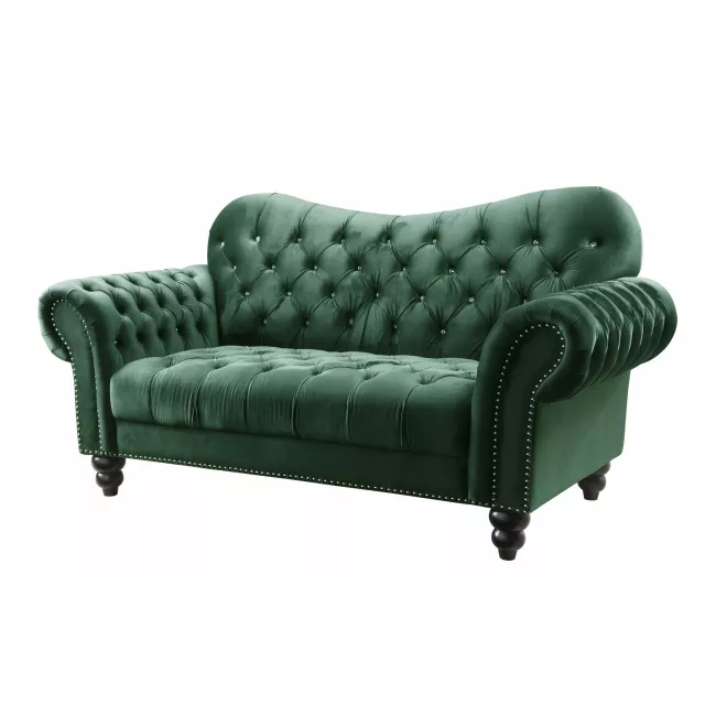 Green black velvet loveseat with comfortable armrests and modern design