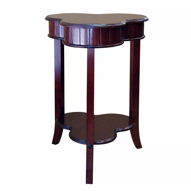 Manufactured wood form end table with shelf in a furniture setting