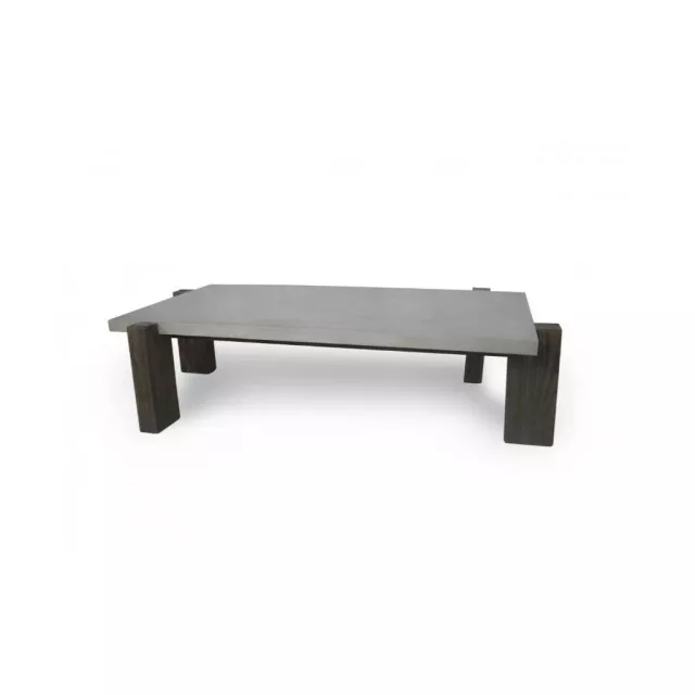 Dark grey concrete rectangular coffee table suitable for outdoor use with hardwood finish